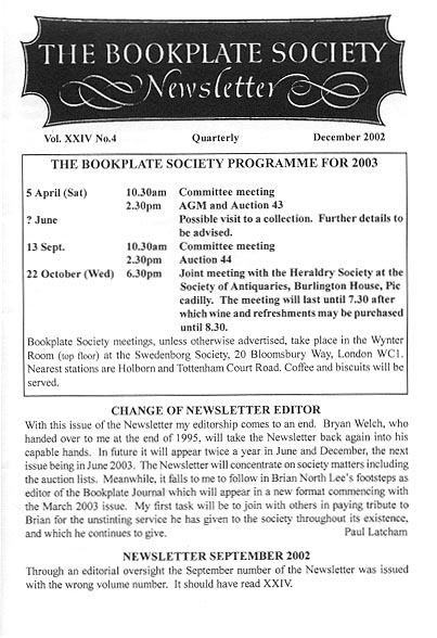 First page of the December 2002 issue of The Bookplate Society Newsletter